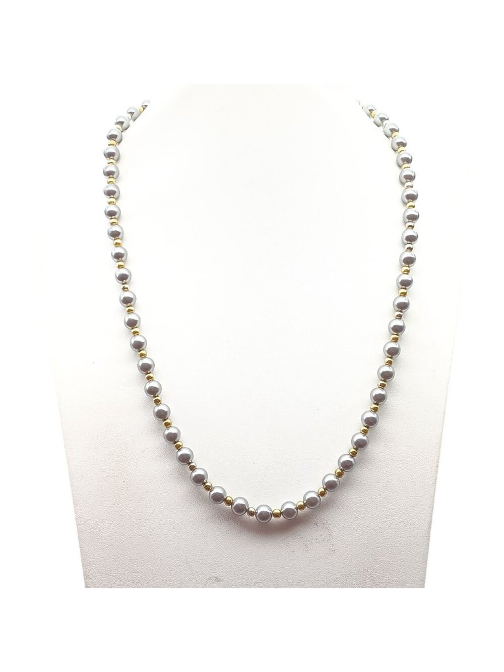 Vintage Grey Faux Pearl Necklace with Gold-Tone Spacer Beads & Ornate Clasp